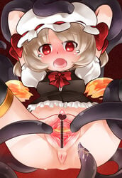 akihara_nakuru bar_censor blonde_hair blush breasts censored female female_urethra female_urethral_insertion gaping_pussy gaping_urethra hat looking_at_viewer medium_breasts open_mouth pussy red_eyes shiny shiny_hair shiny_skin short_hair spread_legs tears tentacle urethra