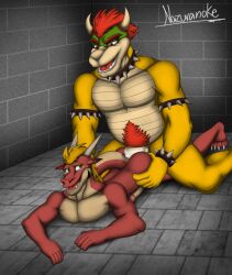 anal anal_sex anthro balls bodily_fluids bowser cum cum_in_ass cum_inside delga dragon duo gay genital_fluids genitals hair hi_res male male/male mario_(series) muscular muscular_male mythological_creature mythological_scalie mythology nazuranoke nintendo penetration penis red_hair scalie slightly_chubby watermark