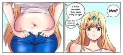 1girls bellywg blonde_hair brown_eyes casual chubby clothed clothing comic female female_only jeans long_hair love_handles mythra navel text unbuttoned unbuttoned_pants wardrobe_malfunction weight_conscious weight_gain xenoblade_(series) xenoblade_chronicles_2