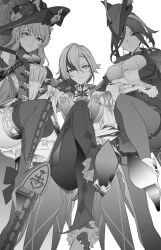 3girls arlecchino_(genshin_impact) big_breasts blush boots breasts clorinde_(genshin_impact) crossed_arms crossed_legs dress feet female female_only femdom footwear from_below genshin_impact hat high_heels leg_up looking_at_viewer monochrome multiple_girls navia_(genshin_impact) one_leg_up pants pantyhose shirt shoes simple_background sitting skirt smile smug standing standing_on_one_leg symbol-shaped_pupils takai_isshiki thick_thighs thighhighs thighs white_background wide_hips x-shaped_pupils