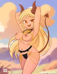 arms_behind_head beach beach_background big_breasts bikini bikini_bottom blonde_hair boobs_out bunbox charlotte_the_succubus drill_hair gold_chain gold_eyes long_hair oc open_clothes original original_character pinup pinup_pose smile smiling_at_viewer succubus succubus_horns succubus_tail tan_skin the_city_of_reygarth