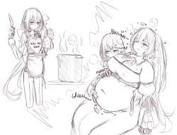 1boy 1girls belly_noises belly_sounds big_belly big_breasts bloated bloated_belly blush burp burping chef cleavage clothed clothing colorless cooking female gassy gurgle gurgling gurgling_belly gurgling_noise indigestion long_hair male navel oc orristerioso rumbling_stomach sketch stomach_noises tight_clothing twintails uncomfortable