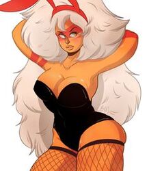 big_breasts big_hips big_lips black_swimsuit blushmallet breasts bunny_ears bunny_girl bunnysuit busty cartoon_network cleavage curvy female female_focus female_only fishnet_stockings gem_(species) hands_on_head jasper_(steven_universe) leotard long_hair lowres neckline orange_skin posing steven_universe thick_legs thick_thighs thighs white_hair yellow_eyes