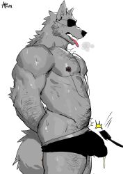 absurd_res anthro arun_six blindfold bodily_fluids bulge canid canine canis clothing detailed_bulge genital_fluids genital_outline hi_res male male_only mammal muscular muscular_anthro muscular_male nipples pecs penis_outline simple_background solo solo_male tongue tongue_out underwear wolf