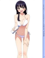 bare_arms bare_belly bare_legs bare_shoulders bare_thighs belly_button big_breasts bikini black_hair blush boku_no_kokoro_no_yabai_yatsu bottle breasts brown_eyes cleavage hand_on_thigh long_hair megami_magazine mole navel official_art open_mouth shiny_skin smile swimsuit thighs water_bottle white_bikini yamada_anna