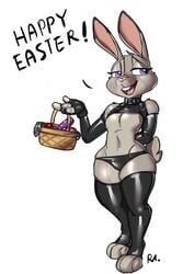 2019 anthro ball_gag ball_gag_unused bluecoffeedog bondage clothed clothing disney female flat_chest gag hi_res judy_hopps lagomorph leporid mammal panties rabbit red_ball_gag sex_toy signature simple_background smile solo standing stockings text white_background zootopia