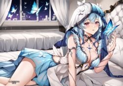 ai_generated bed bedroom big_breasts breasts cleavage dress female hi_res laying_on_bed long_hair looking_at_viewer minokai post_apocalyptic self_upload smile the_shorekeeper_(wuthering_waves) wuthering_waves