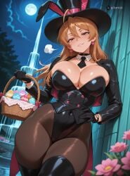ai_generated gitaniai highschool_of_the_dead rei_miyamoto miyamoto_rei brown_hair brown_eyes antenna_hair earrings blush fake_animal_ears rabbit rabbit_ears coattails strapless chocker gloves pantyhose bunnysuit bodysuit black_hat hat jacket tie large_breasts breasts huge_breasts curvy curvy_figure wide_hips thick_thighs hand_on_hip naughty_face seductive head_tilt looking_at_viewer biting_lip 1girls 1girl female