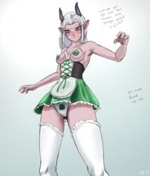 1girls callum_(the_dragon_prince) corset drawfag elf erect_nipples face_tattoo half-closed_eyes heart horns leprechaun looking_down moonshadow_elf nipple_bulge nipples pasties pink_skin pointy_ears pokies rayla_(the_dragon_prince) skirt source_request st._patrick's_day text the_dragon_prince thick_thighs thigh_gap watermark white_hair