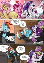 anthro anthrofied big_breasts bodily_fluids breast_play breast_sucking breasts cleavage clothed clothing comic comic_page dialogue dragon english_text equid equine female female/female fluttershy_(mlp) friendship_is_magic hasbro hi_res horn looking_pleasured male mammal my_little_pony mythological_creature mythological_equine mythological_scalie mythology page_8 page_number pegasus pia-sama pinkie_pie_(mlp) rainbow_dash_(mlp) rarity_(mlp) scalie spike_(mlp) sucking sweat text tongue tongue_out unicorn wings