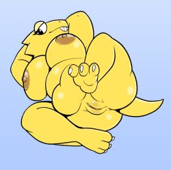 alphys anthro ass belly breasts eyewear female fours_(artist) genitals glasses hi_res lizard lying_on_ground pussy raised_leg reptile scalie slightly_chubby solo undertale_(series) yellow_body