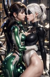 2girls ai_generated artist_request breasts choker eve_(stellar_blade) female female_only hugging light-skinned_female light_skin multiple_girls nier nier:_automata small_breasts stellar_blade white_hair yorha_2b