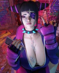 1girls 3d athletic_female bangs bodysuit breasts close-up clothed_female cum cum_between_breasts cum_on_breasts cum_on_face drill_hair eye_patch eyepatch fit_female juri_han large_breasts looking_at_viewer middle_finger muscular_female phone purple_eyes shaddoll_x smiling_at_viewer solo solo_female spiked_collar street_fighter suit twin_drills two_tone_hair