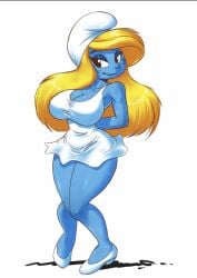 big_breasts black_eyes blonde_hair blue_skin breasts chochi cleavage clothed dress female female_focus female_only hands_behind_back hat no_background round_nose seductive_look seductive_smile shiny_eyelids shiny_skin short_dress smirk smurfette solo solo_female standing the_smurfs thighs white_background white_dress