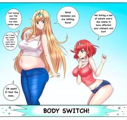 2girls bellywg big_breasts big_butt blonde_hair brown_eyes casual chubby cleavage comic dialogue female female_only hotpants jeans long_hair midriff mythra navel potbelly pyra red_eyes red_hair right_to_left text tight_clothing weight_conscious weight_gain xenoblade_(series) xenoblade_chronicles_2