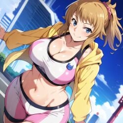 1girls ai_generated alternate_breast_size big_breasts bike_shorts bostin breasts busty cleavage curvaceous curvy curvy_body curvy_female curvy_figure female gundam_build_fighters hoshino_fumina huge_breasts large_breasts nipples outdoors shorts solo sports_bra sweat sweating sweaty sweaty_body sweaty_breasts thick_thighs thighs venus_body