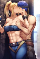 ai_generated beauty_mark big_breasts blonde_hair blue_hair cleavage closed_eyes crossover fire_emblem fire_emblem:_path_of_radiance fire_emblem:_radiant_dawn ike_(fire_emblem) kissing large_breasts metroid mole muscles muscular_female muscular_male nintendo partially_clothed samus_aran straight super_smash_bros.