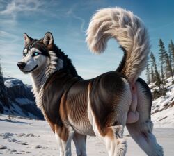 ai_generated alaskan_malamute anus ass balls black_body black_fur black_nose blp blue_eyes brown_body brown_fur canid canine canis cheek_tuft cliff day detailed detailed_background detailed_fur domestic_dog ears_up facial_tuft feral fluffy fluffy_tail fur genitals glowing glowing_eyes hi_res inner_ear_fluff light long_snout looking_at_viewer looking_back looking_back_at_viewer male male_only mammal multicolored_body multicolored_fur nordic_sled_dog outside perineum pink_anus plant presenting presenting_hindquarters quadruped raised_tail snout snow solo solo_focus spitz standing striped_body striped_fur stripes sunlight tree tuft whisker_spots white_balls white_body white_fur white_perineum winter