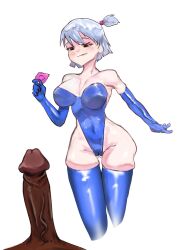 biting_own_lip blue_latex dark-skinned_male female mightybadtales silver_hair tagme