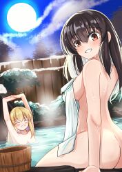 2girls armpits ass black_hair blonde_hair blush breasts brown_eyes female grin long_hair marisa_kirisame nude onsen reimu_hakurei sideboob tagme touhou towel yuuka_(a0240765)