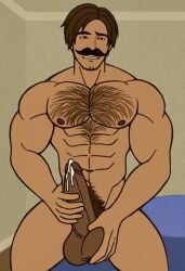 1boy abs ai_generated balls bara bed big_penis bonnie_rockwaller brown_hair civitai cum ejaculation erection genderswap_(ftm) hair hairy_chest huge_cock kim_possible male male_only masturbation muscular muscular_male mustache penis pubic_hair rule_63 short_hair teenager