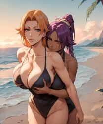 2girls 
shihouin_yoruichi ai_generated alex-schura bangs bare_shoulders bare_thighs beach bikini black_one-piece_swimsuit black_swimsuit bleach bleach:_the_thousand-year_blood_war blonde_hair blue_eyes breast_grab breasts clavicle cleavage clothing cloud curvaceous curvaceous_female curvaceous_figure dark-skinned_female dark_skin day embracing female female_focus female_only grabbing grabbing_another's_breast grabbing_from_behind groping hair_ribbon hair_tied hug huge_breasts hugging_from_behind interracial large_breasts light-skinned_female light_skin long_hair looking_at_another looking_at_viewer matsumoto_rangiku mature_female multiple_girls ocean one-piece_swimsuit one_piece_swimsuit orange_hair outdoors parted_lips ponytail public purple_hair sand sea seaside seductive shihouin_yoruichi shore sky smile swimsuit thick_thighs thighs tied_hair tree very_long_hair voluptuous voluptuous_female water yellow_eyes yuri