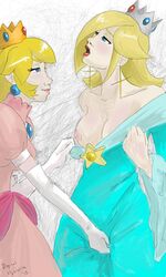 2girls aqua_dress bare_shoulders blonde_hair blue_dress blue_eyes blush breasts cleavage clenched_hand closed_mouth clothed clothing collarbone crown digital_hysteria drawn dress earrings elbow_gloves eye_contact female female_only fingering fingering_through_clothes gloves hair_flaps hair_over_one_eye half-closed_eyes hand_up head_back human human_only jewelry lips lipstick long_hair looking_at_another makeup mario_(series) moaning multiple_girls naughty_face neck nintendo nipples off-shoulder_dress off_shoulder one_breast_out open_mouth pink_dress pink_lipstick princess_peach princess_rosalina puffy_short_sleeves puffy_sleeves red_lipstick shiny_hair short_sleeves simple_background smile soft_color standing undressing white_gloves yuri