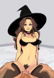 1girls blush breasts brown_hair female hexia_(miaormoa) messy_hair miaormoa(artist) original pussy solo witch_hat