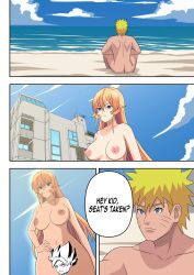 1boy 1girls ass beach big_breasts blonde_hair breasts completely_nude completely_nude_female completely_nude_male crossover female huge_breasts long_hair looking_at_another looking_at_partner male nakiri_erina naruto naruto_(series) naruto_shippuden ninrubio nipples nude nude_female nude_male nudist nudity outdoor_nudity outdoors shokugeki_no_souma short_hair sitting smile uzumaki_naruto voluptuous yellow_hair