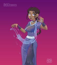 1girls artist_name avatar_legends avatar_the_last_airbender blue_eyes blush breasts dark-skinned_female dark_skin evil_raccoon female female_only human katara nipples_visible_through_clothing ponytail solo water water_tribe wet wet_clothes