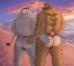 2024 absurd_res anthro ass bartholomew_martins beach beard biceps big_butt big_muscles black_hair blush brown_body brown_fur brown_hair brown_skin bulge butt_grab clothed clothing colored dakota_silver dav3_949_(artist) detailed detailed_background detailed_bulge digital_drawing_(artwork) digital_media_(artwork) duo elephant elephantid extinct facial_hair felid fur grey_body grey_skin greying_hair hair hand_on_butt hi_res light lighting male mammal mature_anthro mature_male muscular muscular_anthro muscular_male nails nude partially_clothed prehistoric_species proboscidean rear_view saber-toothed_tiger sand sea shaded size_difference skimpy standing stripes sunset swimwear tail tail_tuft thong tuft tusks underwear walking water white_hair