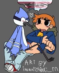 cartoon_network crossover frotting gay male_only mordecai mordecai_(regular_show) precum regular_show scott_pilgrim scott_w_pilgrim speech_bubble trans_flag warner_brothers yaoi