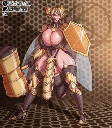 1futa armor balls bee_wings breasts cleavage futa_only futanari gigantic_breasts gigantic_testicles gold_armor gold_pauldron hammer huge_balls huge_breasts huge_cock human hung_futanari insect_humanoid insect_wings nsfwblackle pauldrons penis_armor penis_to_the_knees pointy_ears revealing_armor revealing_clothes shield skindentation standing thick_thighs thighhighs warrior