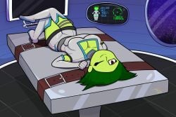 1girls alien background big_ass big_breasts boots brown_eyes clothed clothes commission computer_monitor examination_table gloves green_hair green_skin inviting laying_down monster_prom original_character screen seductive_look sfw sfw_version smirk space spaceship time_jester_(artist) watermark window wink