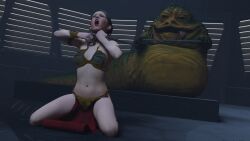 1girls 3d alexbridger asphyxiation belly_dancer belly_dancer_outfit brown_hair chain_leash chained choking enslaved_royal femsub harem_girl harem_outfit hutt jabba_the_hutt leash_pull loincloth medium_breasts princess_leia_organa slave slave_bikini slave_collar slave_leia slave_outfit slavegirl star_wars submissive_female tongue_out