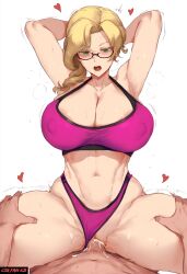 ai_generated blonde_hair csr_fan_621 female female_focus glasses glynda_goodwitch green_eyes large_breasts navel pink_bikini pink_sports_bra rwby self_upload sports_bikini thigh_grab thighs vaginal_penetration vaginal_penetration