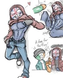 abs ahe_gao ahegao anus beanie beer blue_skin cigarette countryhumans cum cum_dripping cum_dripping_from_penis cum_in_ass ejaculation fingerless_gloves gay grin heart hoodie ireland_(countryhumans) jacket_open lusty_shadow male_only penis tired_expression tired_eyes tired_look tits tongue_out united_kingdom_(countryhumans) white_eyes yaoi