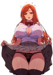 black_panties black_thighhighs bleach bleach:_sennen_kessen-hen blush bow bowtie breasts brown_eyes cam_the_art_guy cleavage clothes_lift female gluteal_fold grey_skirt heart high-waist_skirt highres huge_breasts inoue_orihime lace lace_panties lifting_own_clothes lingerie long_hair no_bra orange_hair panties partially_unbuttoned pink_lips red_bow red_bowtie red_head shirt skirt skirt_lift solo stockings thigh_gap thighhighs underwear wet wet_clothes wet_shirt