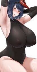 1girls armpit_fetish armpits arms_up black_hair bodysuit breasts female genshin_impact hi_res hips huge_breasts kujou_sara long_hair nunu_(pixiv69145027) pink_hair short_hair steam steamy sweat sweating sweaty thick_thighs thighs wide_hips yellow_eyes