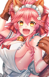 animal_ears apron bare_shoulders breasts cat_ears fate/grand_order fate_(series) female female_only large_breasts looking_at_viewer open_mouth paws pink_hair revealing_clothes shiny shiny_skin sideboob tamamo_cat tamamo_no_mae_(fate) yellow_eyes