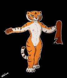 1girls 2019 abs anthro armpits black_background breasts dreamworks feline female flat_chest front_view fur hi_res kung_fu_panda mammal master_tigress nipples nude pantherine pussy signature simple_background solo standing stripes text tiger watermark zafara_(artist)