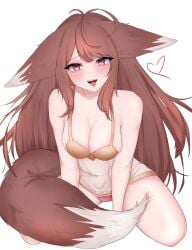 blush breasts_squeezed_together comfy fox fox_ears fox_girl fox_tail foxplushy hands_on_floor hands_together kneeling large_breasts leaning_forward long_hair looking_at_viewer on_floor panties shoulders sleepwear thick_thighs thighs tongue_out