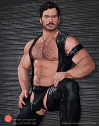 1boy abs bulge celebrity chaps gabo_artist hairy hairy_chest henry_cavill leather male male_only muscular mustache solo tight_clothing underwear