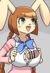 anthro bemani big_breasts breast_play breasts clothed_breasts clothed_titfuck disembodied_penis duo female genitals hi_res konami lagomorph leporid male male/male mammal mimi_(pop'n_music) paizuri penis pop'n_music rabbit sex subshib titfuck titjob