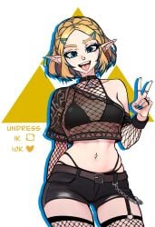 1girls belly belly_button belt blonde_hair blue_eyes bra breasts cleavage crop_top fishnets goth goth_elf goth_girl leather nintendo pointy_ears princess_zelda redpostit short_hair shorts solo strip_game tears_of_the_kingdom the_legend_of_zelda thighs tongue tongue_out underboob underwear v zelda_(tears_of_the_kingdom)