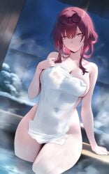 ai_generated arm_support ass_visible_through_thighs bare_arms bare_legs bare_shoulders bare_thighs belly_button_visible_through_clothing big_breasts breasts cleavage closed_mouth collarbone earrings groin honkai:_star_rail hot_spring kafka_(honkai:_star_rail) long_hair mature_female naked_towel onsen outdoors purple_eyes purple_hair setsuaiart smile sunglasses_on_head thighs towel wet_body winter