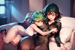 2girls a1exwell ai_generated annoyed annoying female fubuki_(one-punch_man) lying one_leg_up sisters size_difference stable_diffusion tatsumaki yuri