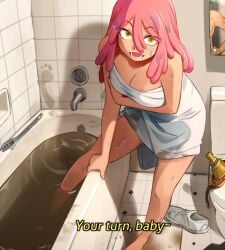 bath bathing bathtub hatsume_mei izuku_midoriya khyleri mei_hatsume mirror my_hero_academia not_ai_generated pink_hair scar scar_on_arm shower tagme towel towel_only