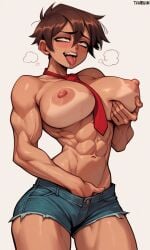 1girls abs ahe_gao ahegao ahegao_face ai_generated blushing brown_hair eyes_rolling_back fingering fingering_self holding_breast huge_breasts jean_shorts kosine1777 kosineverse masturbating masturbation muscular muscular_female naked_necktie necktie necktie_between_breasts nipples original original_character panting red_necktie reiko_(kosine1777) short_hair tomboy toned_abs toned_body toned_female tongue_out topless valbun_style