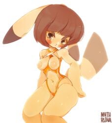 anthro anthrofied ass big_breasts breasts brown_eyes brown_hair clothed clothing eyeliner female fur generation_1_pokemon hi_res legwear leotard long_ears long_tail looking_at_viewer looking_away makeup mythruna nintendo nipples orange_clothing partially_clothed paws pikachu pokemon pokemon_(species) pokemorph presenting presenting_breasts red_cheeks short_hair solo tail thick_thighs yellow_body yellow_fur